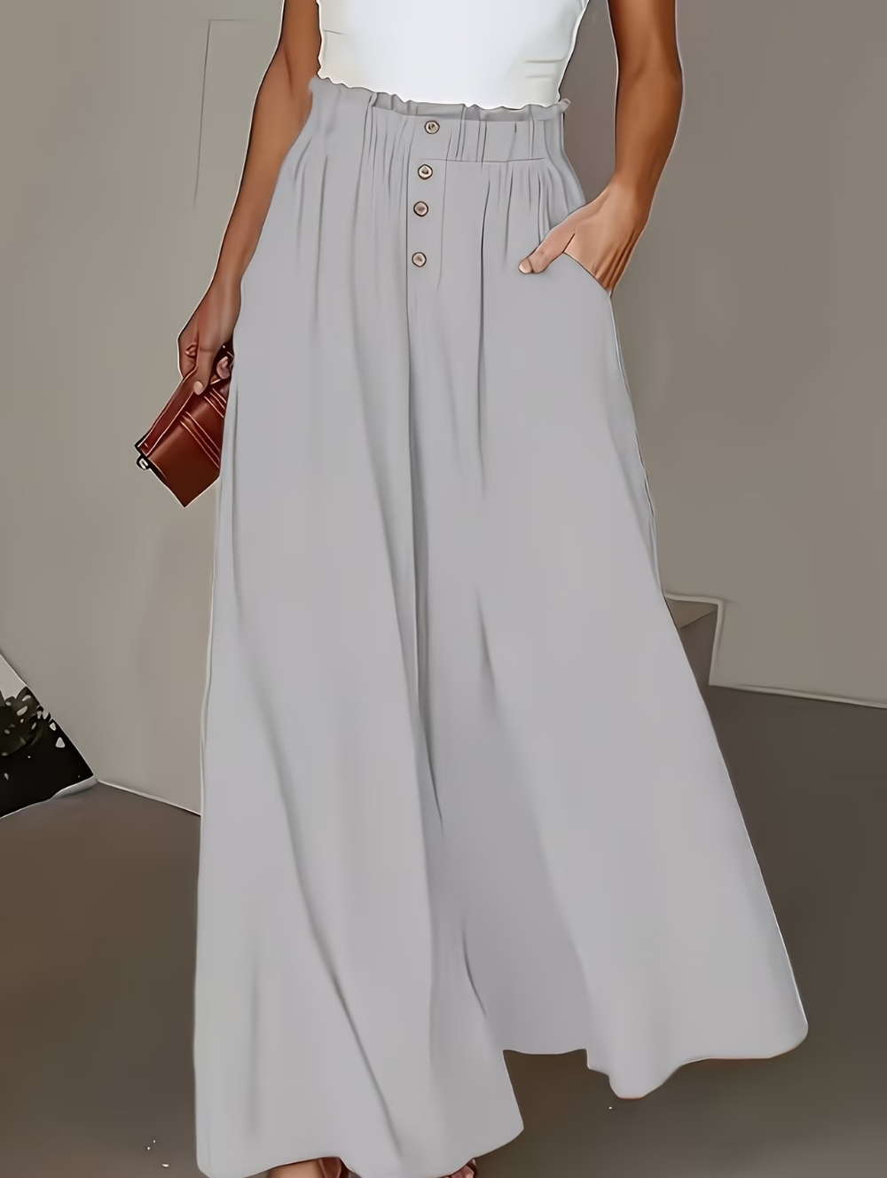 High-Waist Wide Leg Pants in Light Gray